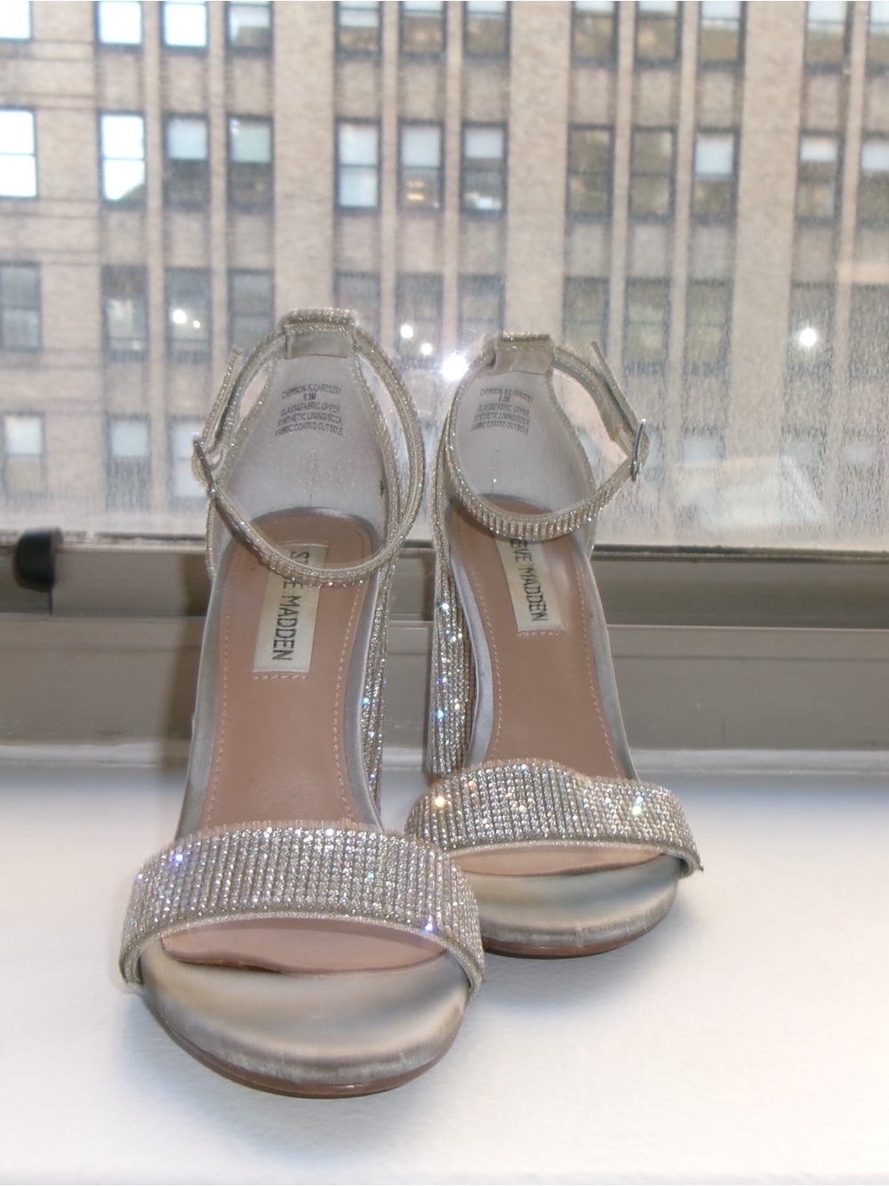 Steve Madden Silver Rhinestone Block Heel Sandals - Picture 2 of 6